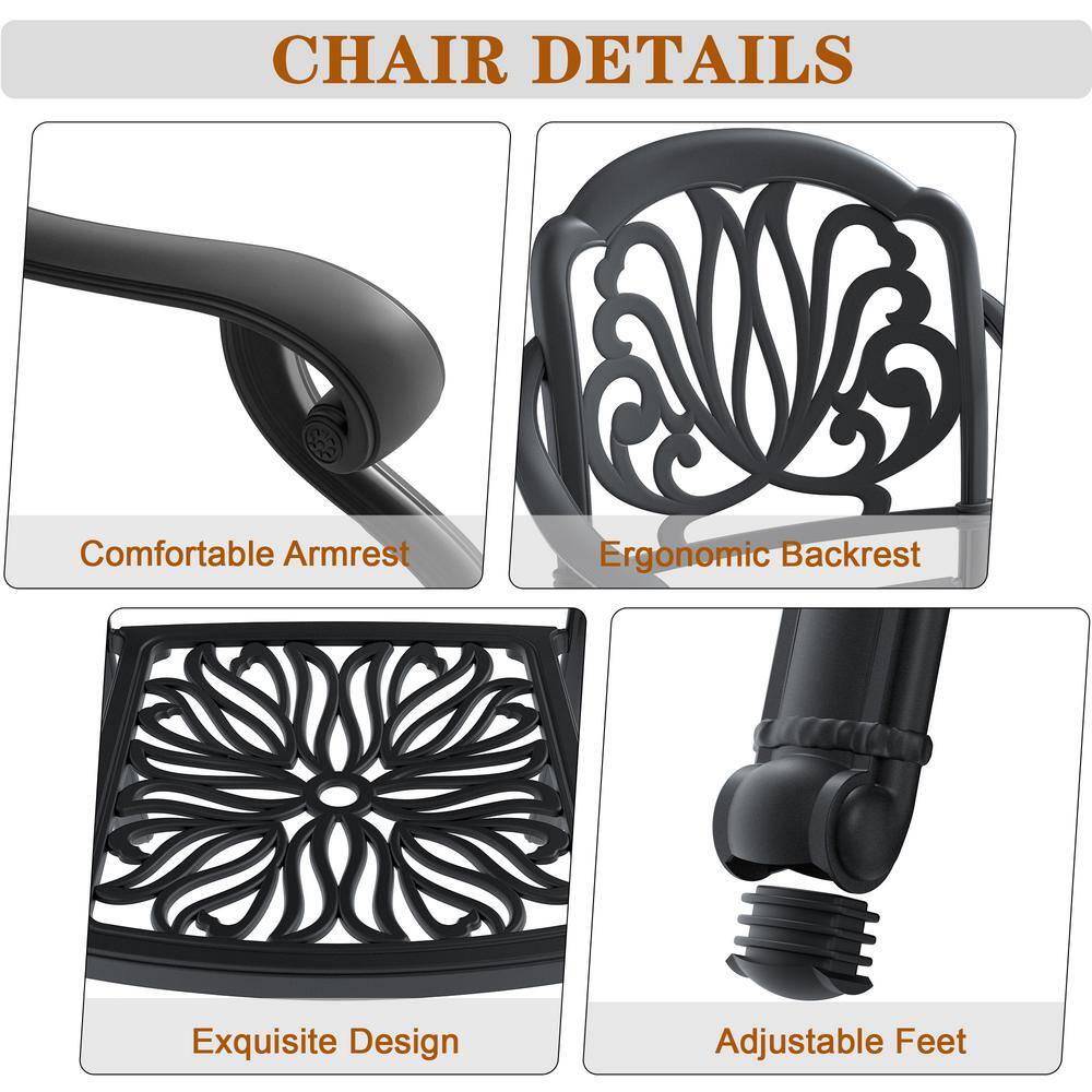 Matte Black Cast Aluminum Dining Chairs with Cushions, Set of 6
