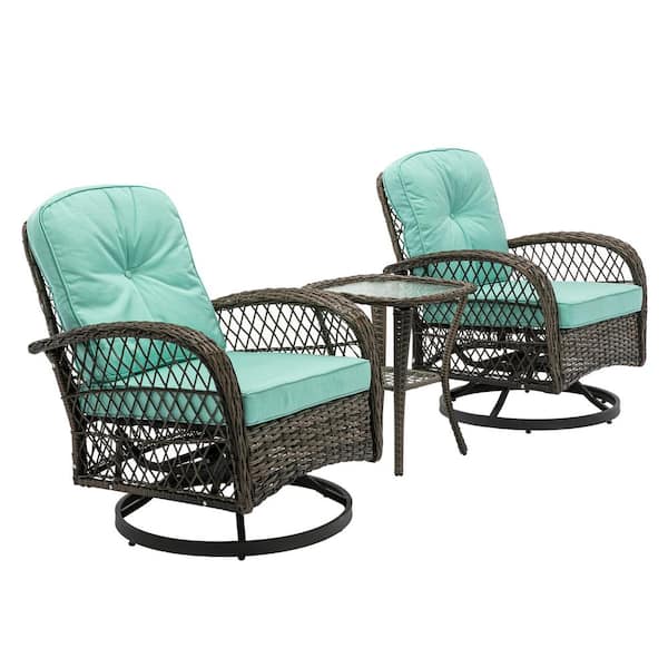 Unbranded 3-Piece Wicker Patio Conversation Set with Green Cushions