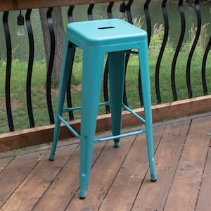 30 in. Teal Metal, Backless, Stackable Bar Stool (Set of 3)