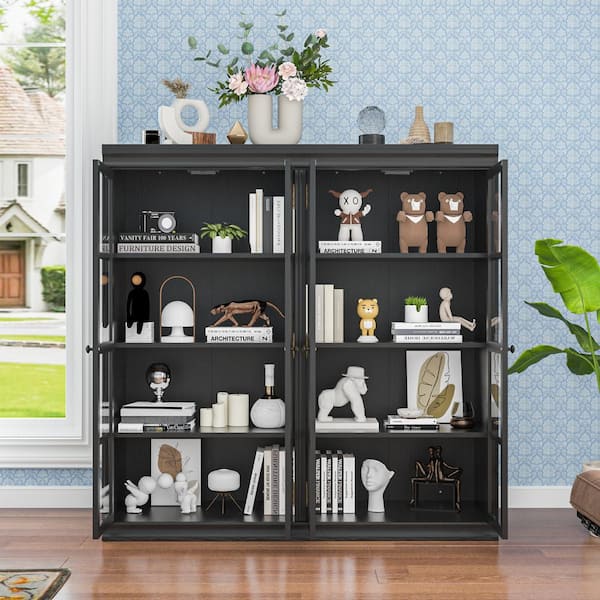 Black Wood 47.2 in. H Storage Cabinet With Tempered Glass Doors