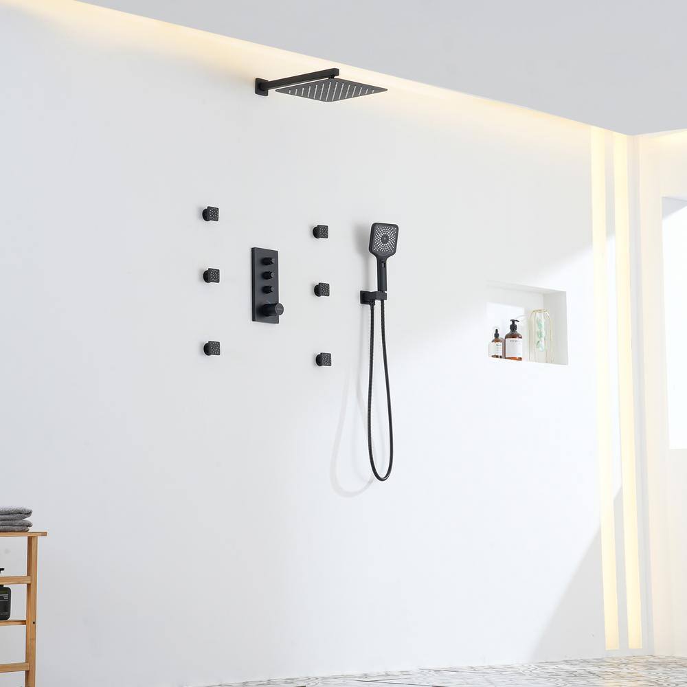 Matte Black 12-Inch Wall Mount Shower System with 6 Body Jets