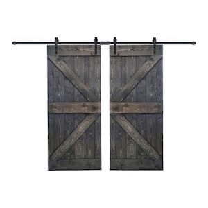 K Series 72 in. x 84 in. Carbon Grey DIY Finished Knotty Pine Wood Double Sliding Barn Door with Hardware Kit