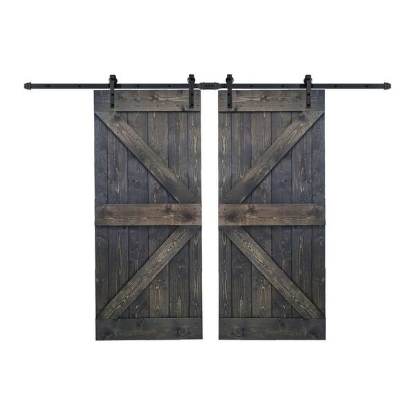 Wellhome K Series 72 In X 84 Carbon Grey Diy Finished Knotty Pine Wood Double Sliding Barn Door With Hardware Kit Wb72 F - Diy Double Sliding Barn Door Hardware