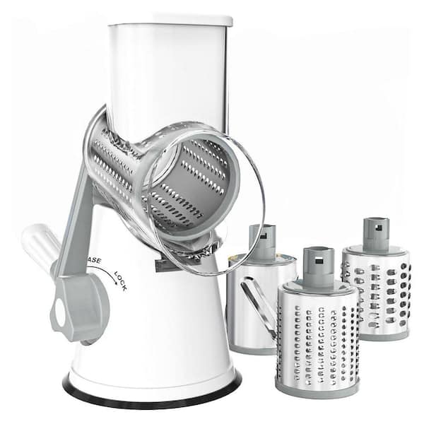 White Rotary Cheese Grater Hand Crank Shredder with 3 Blades Non-slip Suction Base for Cheese Vegetables Nuts