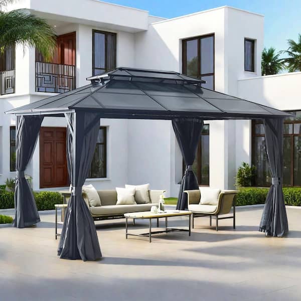 10 ft. x 13 ft. Black Hardtop Gazebo with Polycarbonate Double Roof Pergola, Netting, and Curtain