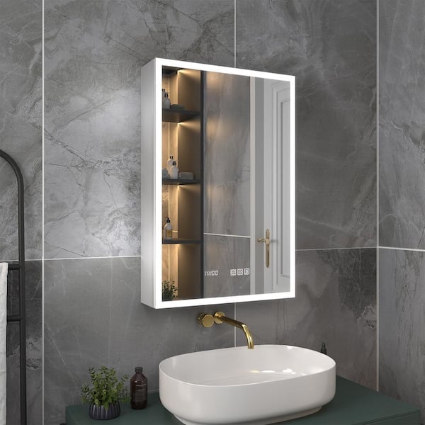 20 in. W x 30 in. H Rectangular Silver Aluminum Recessed/Surface Mount Right Medicine Cabinet with Mirror, LED and Clock