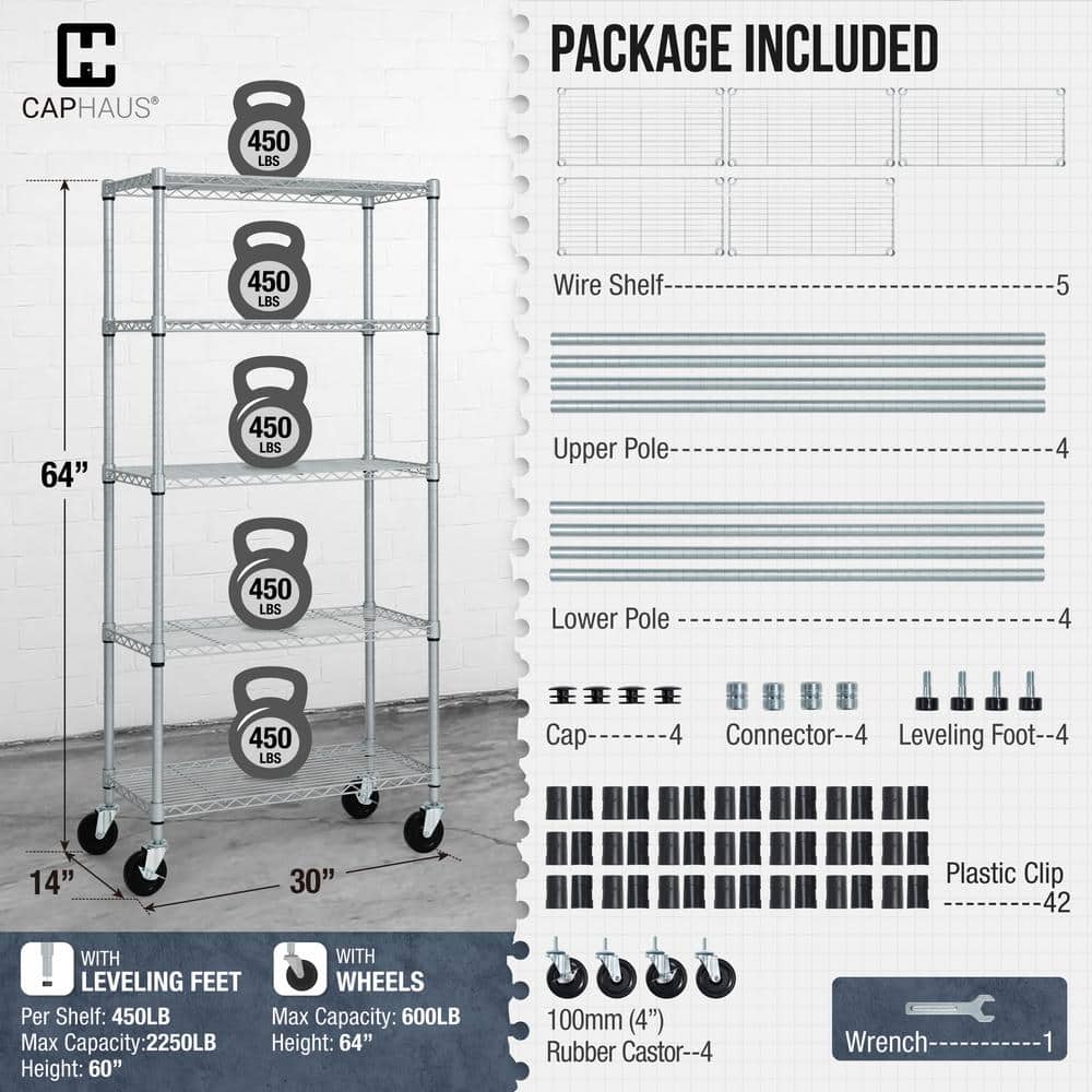 Silver 5-Tier Adjustable Metal Wire Shelving Unit with Wheels