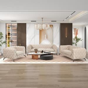 3-Piece Beige Velvet Upholstered Living Room Set with Button-tufted Design