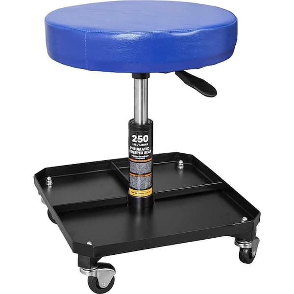 TCE Rolling Pneumatic Creeper Garage/Shop Seat: Padded Adjustable Mechanic Stool with Tool Tray Storage, Blue