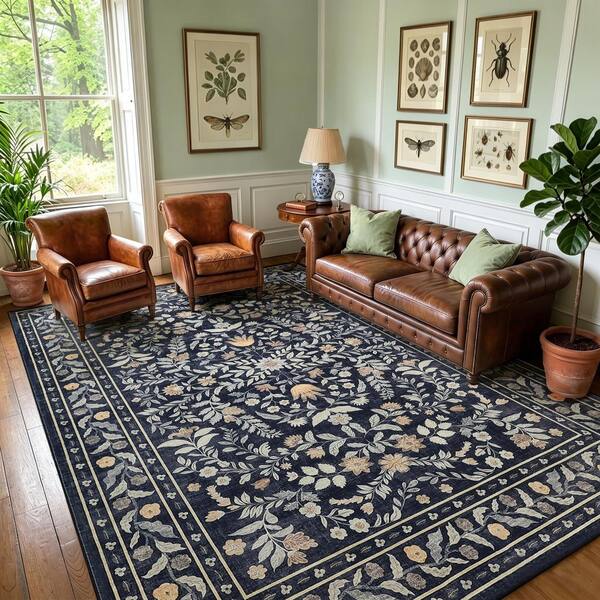 Black 5 X 7 ft. Floral Washable Low Pile Area Rug, Soft Non-Slip Indoor Carpet for Living Room, Bedroom, Dining Room