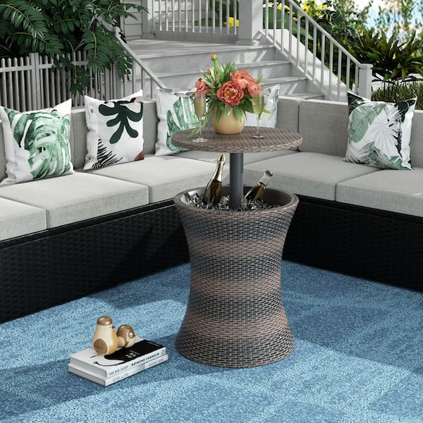 WESTIN OUTDOOR Sunbeam Brown Resin Rattan 22 in. Adjustable Outdoor Patio Cooler Side Table
