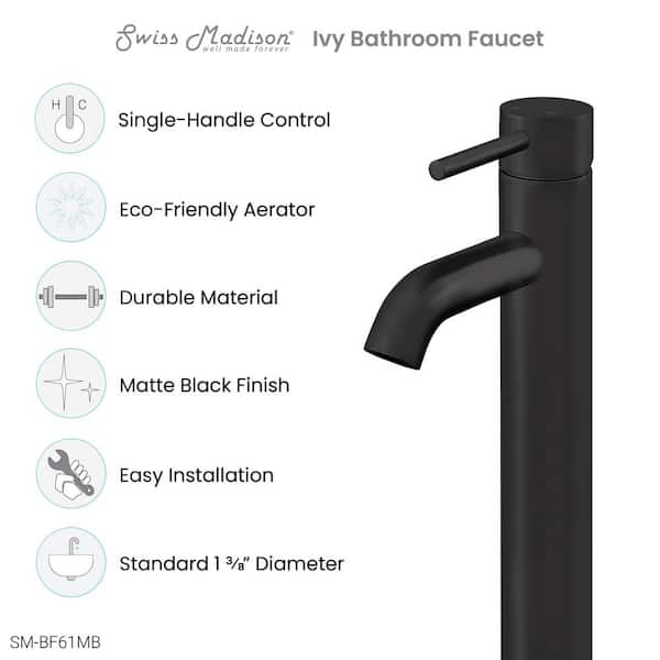 Ivy Single-Handle High-Arc Single-Hole Bathroom Faucet in Matte Black