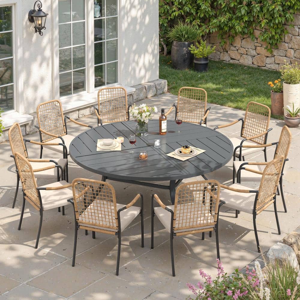 11-Piece Metal Outdoor Dining Set with 63 in. Gray Round Dining Table and 10 Wicker Dining Chairs with Beige Cushions price history on PriceWatchPro