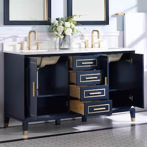 MELODY 60 in. W x 22 in. D x 35 in. H Freestanding Double Sinks Bath Vanity in Navy Blue with Carrera White Vanity Top