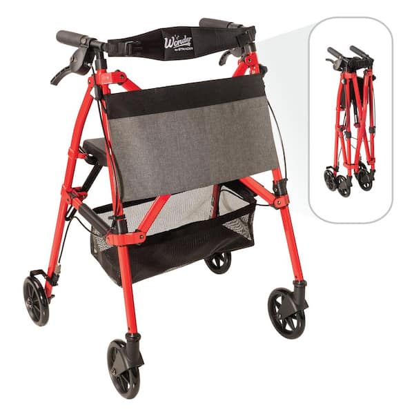 Wonder Rollator Plus, 4-Wheel Lightweight Folding Walker with Seat in Sport Red