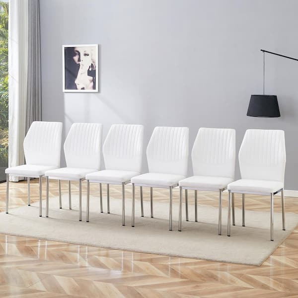 White/Silver PU Leather Metal Frame Dining Chairs Set of 6