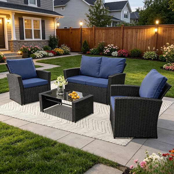 Black 4-Piece Wicker Outdoor Dining Chairs with Loveseat and Blue Cushions and Table