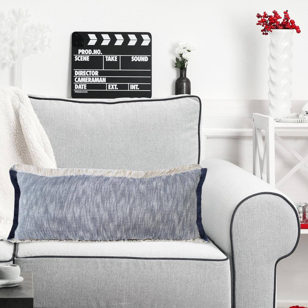 Navy Blue and White Cotton Lumbar Pillow with Fringe
