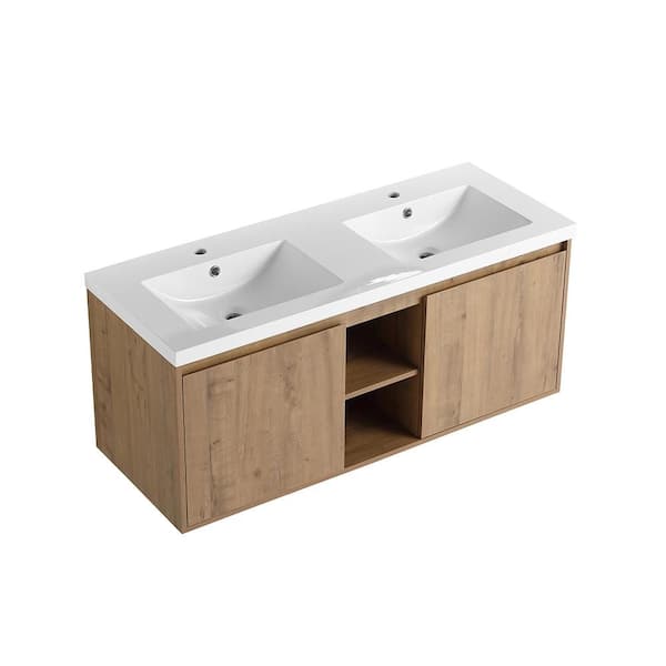 UPIKER Marsyas 48 in. W x 18.3 in. D x 20.5 in. H Double Sink Floating Imitative Oak Bath Vanity with White Resin Top