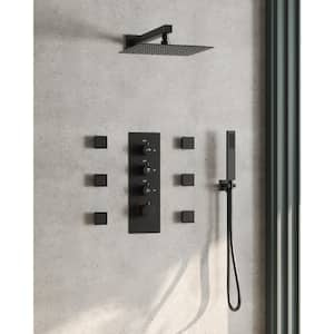 4-Knobs 7-Spray 12 in. Thermostatic Rain Dual Shower Head Fixed and Handheld Shower Head in Matte Black