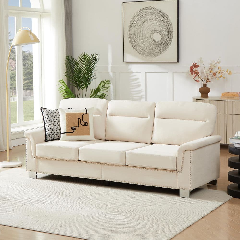Zayn Modern 82 in. Rolled Arms Fabric Upholstered Rectangle 3-Seater Sofa in Beige with Nailhead Trim price history on PriceWatchPro