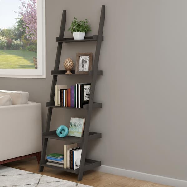Lavish Home 5-Tiered Slate Grey Leaning Ladder Bookshelf for Storage and Decor