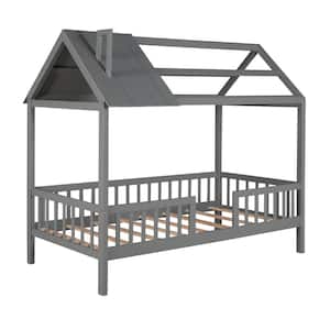 Gray Twin Size Wood House Bed with Fence