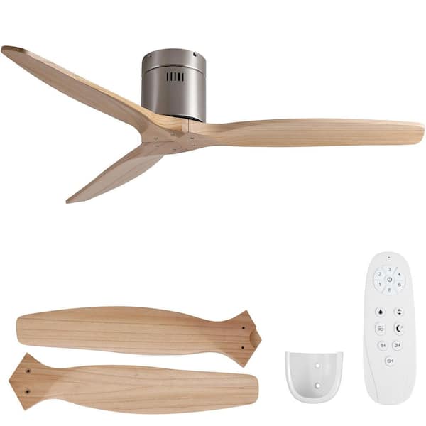 Elysian 52 in. Indoor Silver Flush Standard Ceiling Fan without Light, Remote Control Included and Light Wood Blades