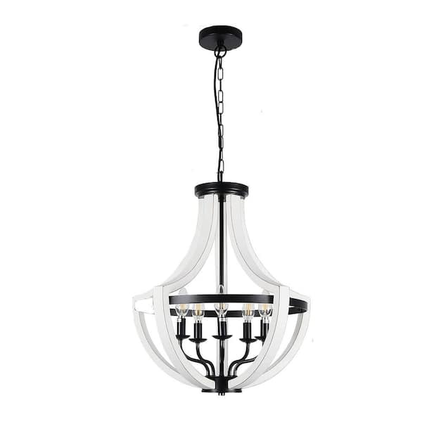 FrameBeaded 65 in. 5-Lights White Candle Wood Chandelier With Adjustable Chain(Bulb Not Included)