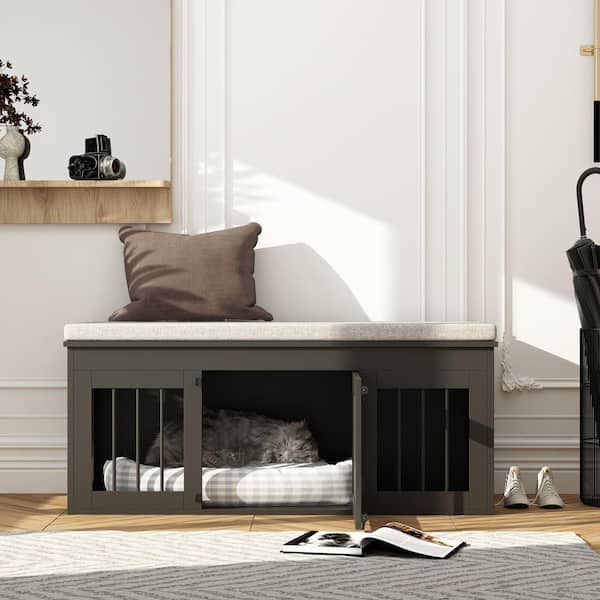 FUFU&GAGA Wooden Bed End Bench Dog Crate, Dog Kennel Indoor Modern Crates Entryway Bench Furniture for Small Medium Pets, Black