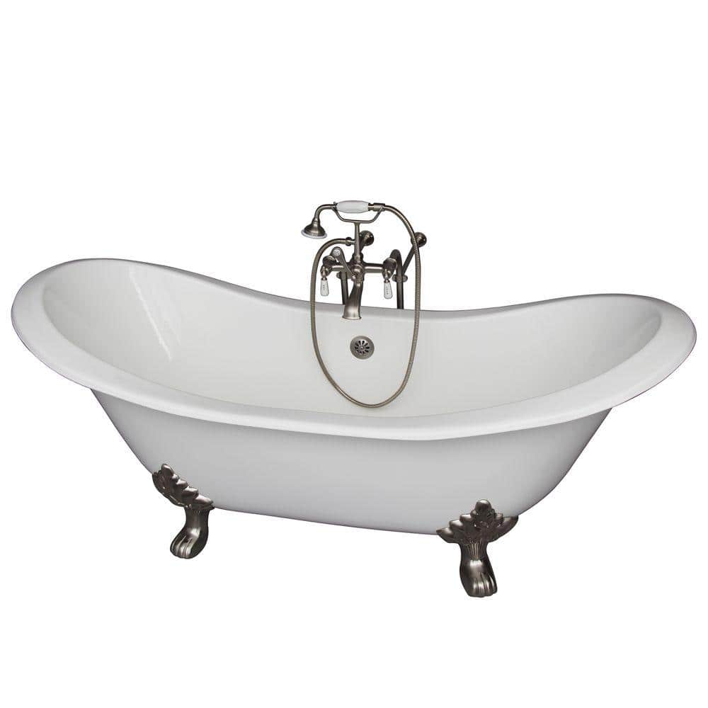 Barclay Products 5.9 ft. Cast Iron Lion Paw Feet Double Slipper Tub in White with Brushed Nickel Accessories