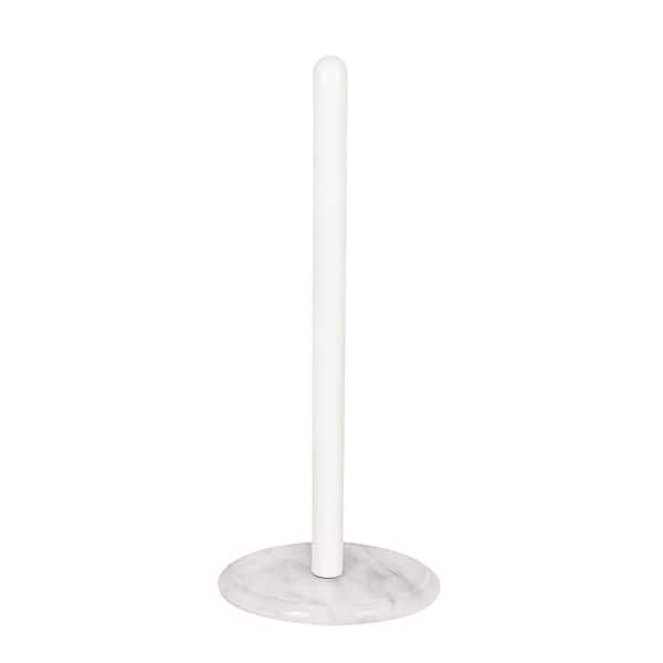 Natural Off-White Marble Base Paper Towel Holder Countertop Dispenser with White Powder Coated Pole, 5.5 D x 12.6 H Inch