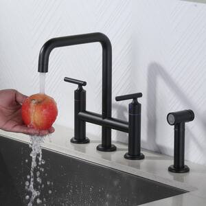 Double Handle Brass Bridge Kitchen Faucet, Deck Mount Kitchen Sink Faucet with Side Sprayer in Matte Black