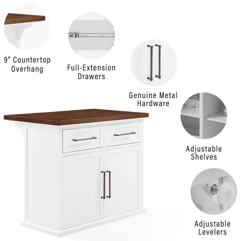 White and Walnut Wood Top Kitchen Island with Storage