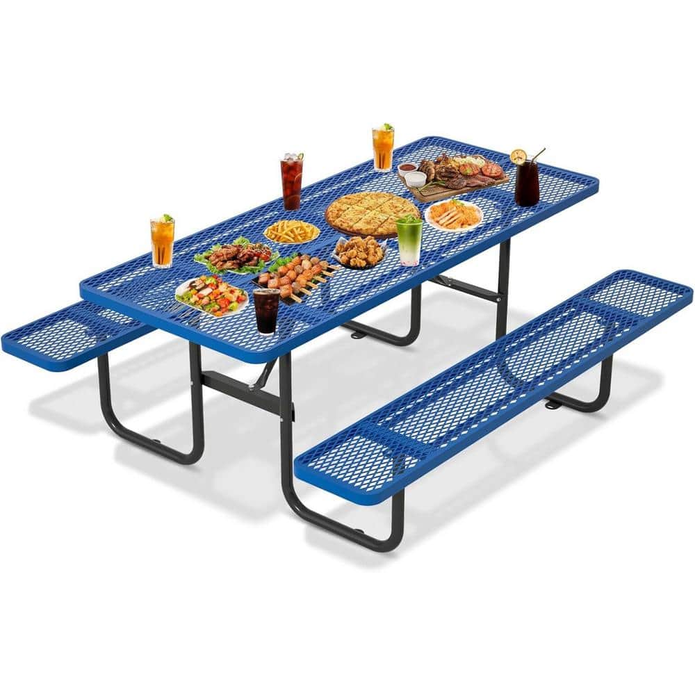 72 in. Blue Rectangle Stainless Steel Picnic Table Seats 6 People with Umbr