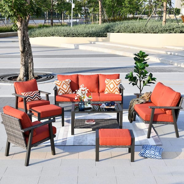 Toject Geneva Grey 7-Piece 7-Seat Wicker Metal Outdoor Patio Conversation Sofa Seating Set with Orange Red Cushions