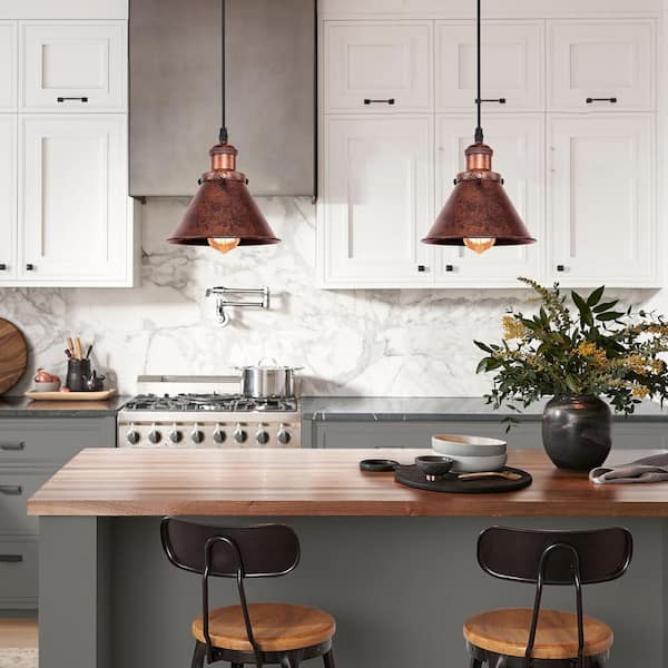 Barn 1-Light Antique Copper Cone Mini Pendant Light with Bell Metal Shade Dimmable Adjustable Hanging Barn Light(2-PCS)