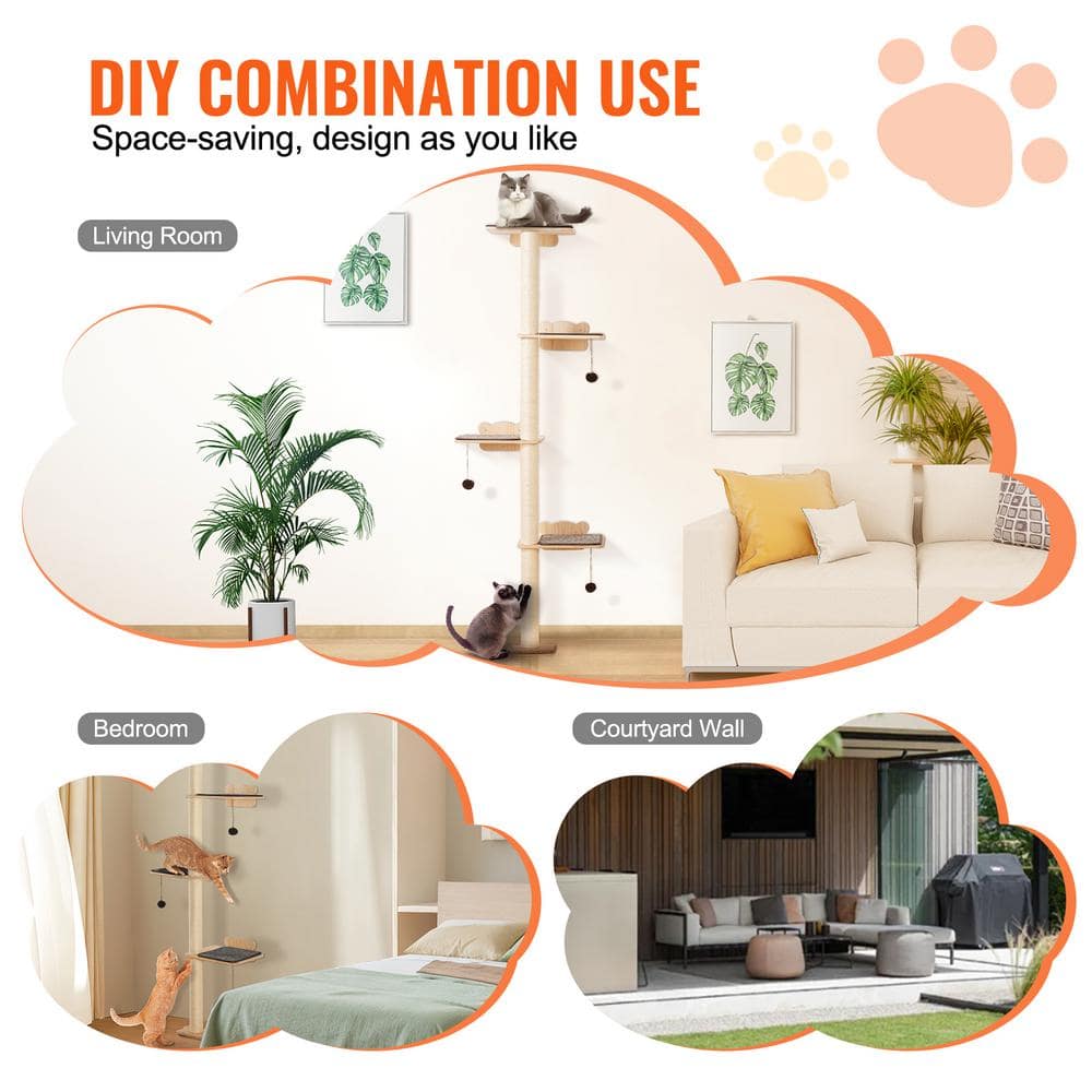 Natural Pine Wood 4-Tier Wall-Mounted Cat Tree with Plush Pads