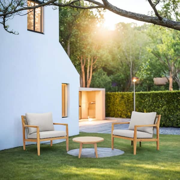 Spring 3-Piece Acacia Wood Patio Conversation Set With Gray Cushions