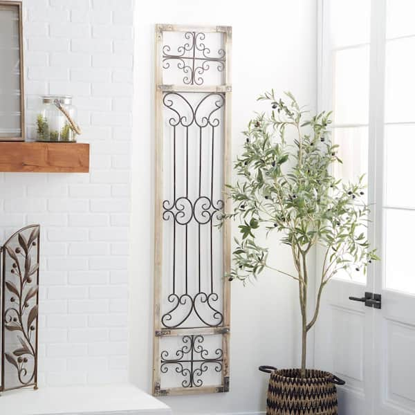 Gray Wood Distressed Door Inspired Ornamental Scroll Wall Decor with Metal Wire Details - Grey