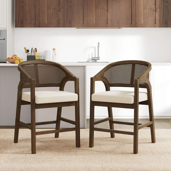 Dorian Village 24.25 in. Wood Frame Counter Stool with Beige Fabric Cushion, Rattan Woven Back, Walnut, (Set of 2)