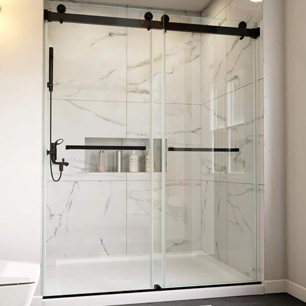60'' Matte Black Double Sliding Frameless Shower Door with Clear Glass