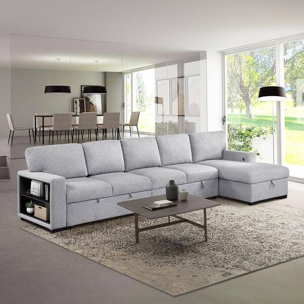 Pegosa 144.5 in. Straight Arm 3-Piece Boucle Fabric Sectional Sofa in Gray with Right Chaise, Pull-Out Bed