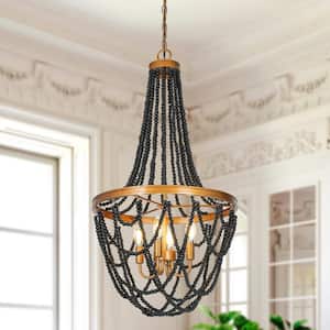 Farmhouse Dining Room Beaded Chandelier 4-Light Antique Gold Bohemia Chandelier with Black Wood Beads