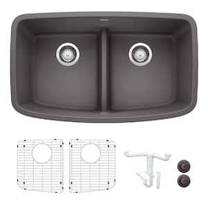 Valea 32 in. Undermount Double Bowl Cinder Granite Composite Kitchen Sink Kit with Accessories