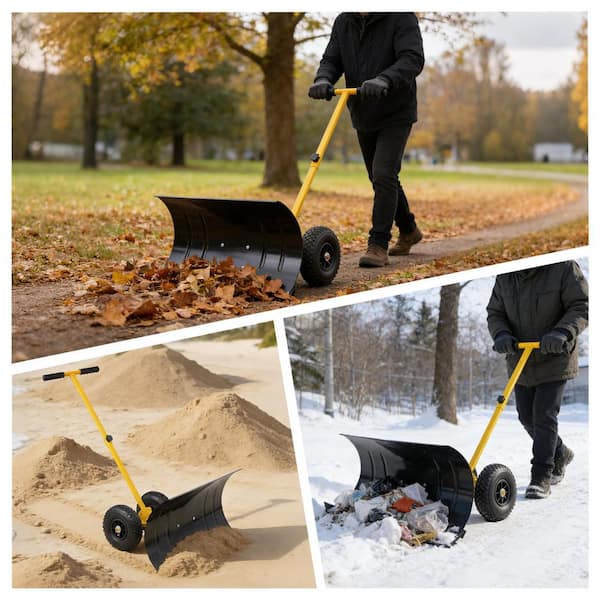 COOS BAY 29'' W Yellow Metal Handle Steel Snow Shovel with Wheels