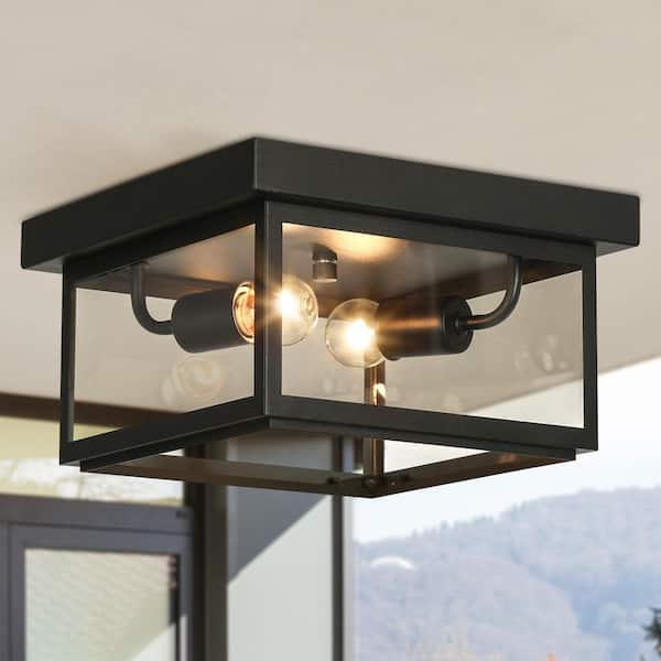 Modern 2-Light Matte Black Outdoor Flush Mount Ceiling Light with Clear Glass Shade for Covered Exterior Porch Entryway