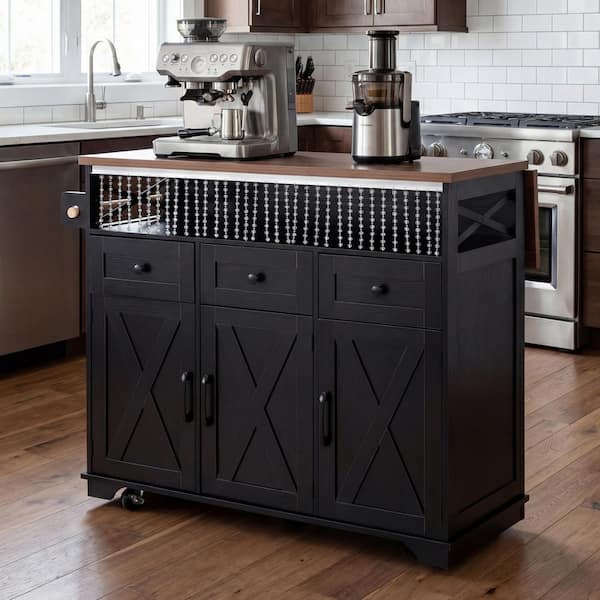Black Wood 53 in. Kitchen Island with Drape of Beads, Drop Leaf, 2 Power Outlet and Storage for Kitchen and Dining Room