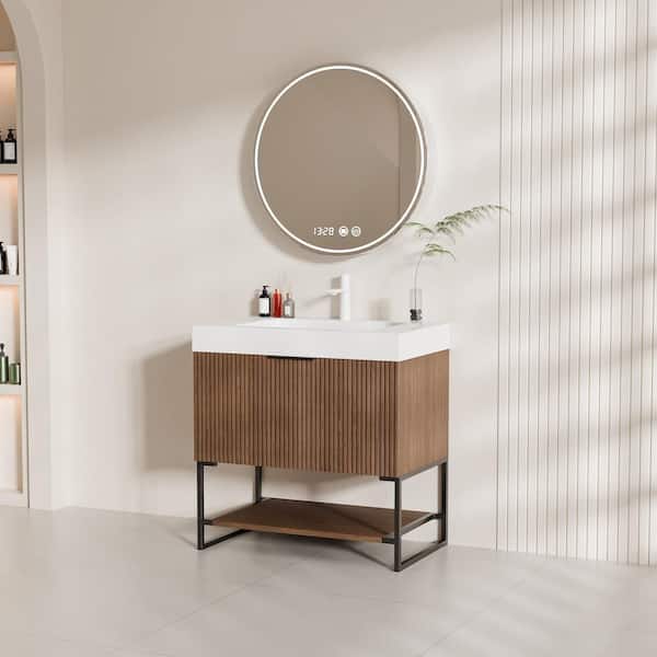 Baye 29.92 in. W Freestanding Walnut Single Sink Bath Vanity with White Acrylic Top Unassembled