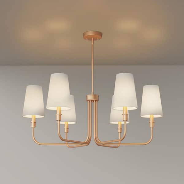 33 in. 6-Light Gold Farmhouse Chandelier, Dining Room Lighting with White Linen Shades, Modern Rustic Ceiling Fixture